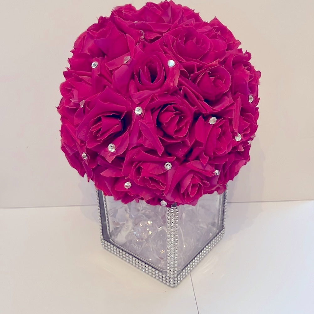 Custom fuchsia rose ball with rhinestones in a glass vase & crystal diamonds.l